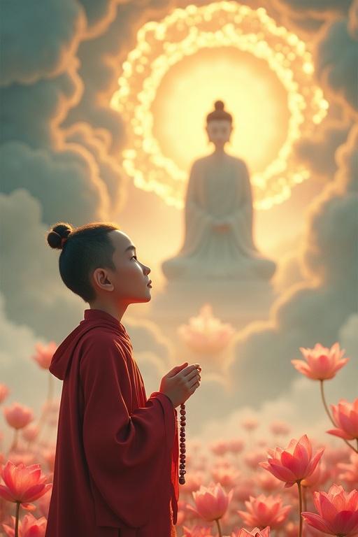 A Chinese novice monk with large eyes gazes upward at Guanyin Bodhisattva. Hands are clasped with prayer beads. Scene is bathed in warm sunlight. Set in a mythical cultivation world. Art style is Eastern ink-wash. Background is ethereal and misty with low-saturation colors. Reds and blues are high-saturation. Light is surrealistic and soft. Rendered in Disney-Pixar 3D animation style. Blended with dynamic realism and clean lines. Monk has a serene expression. Composition is cinematic with strong light-shadow contrast.