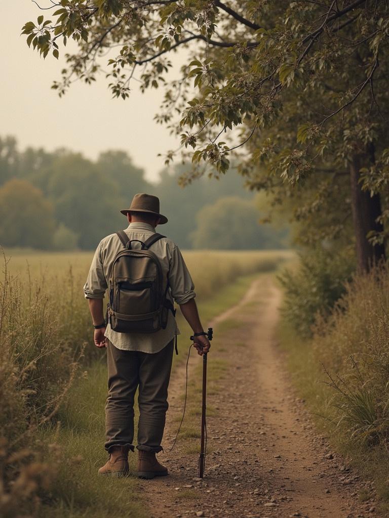 A man is walking down a dirt path with a cane. He has a backpack and is surrounded by fields and trees. The scene is calm and peaceful with natural lighting.