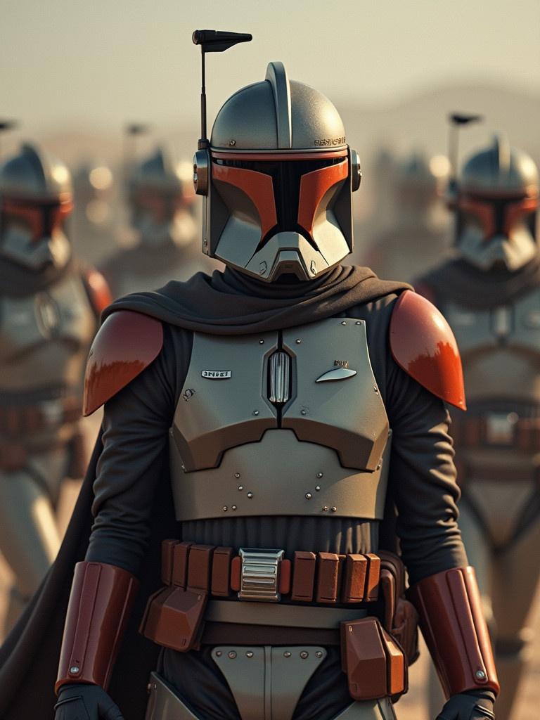 Image depicts a character with a helmet resembling Luigi Mangioni amidst a stylized clone army. Armored characters represent a Sci-fi universe. The design is heavily inspired by iconic Star Wars elements. Background contains a troop of clone soldiers. The atmosphere is battle-ready yet dynamic.