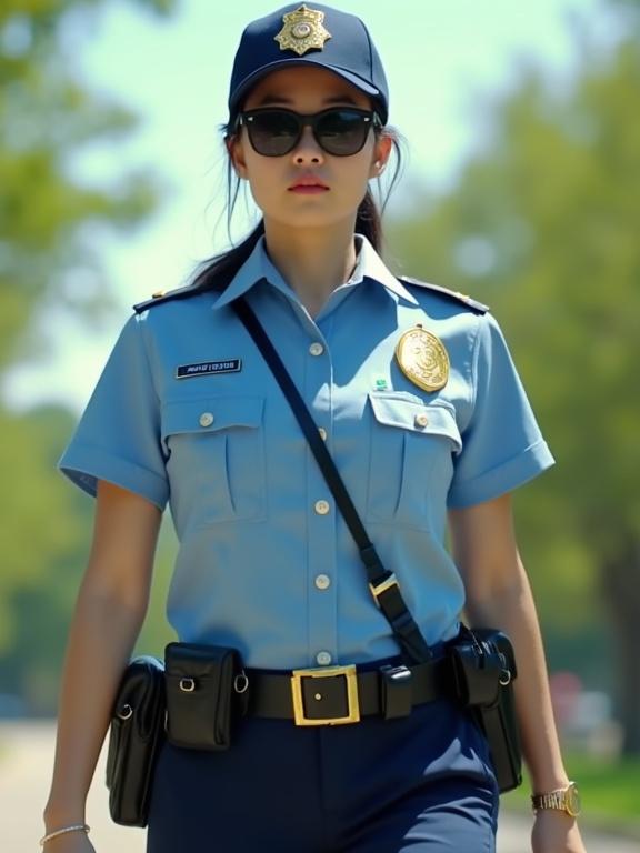 Image of a female police officer in a summer uniform walking in a park. She wears a light blue short-sleeve shirt and navy blue tactical shorts. Accessories include a black duty belt and sunglasses. Background features green trees and a blue sky, conveying a sunny day.