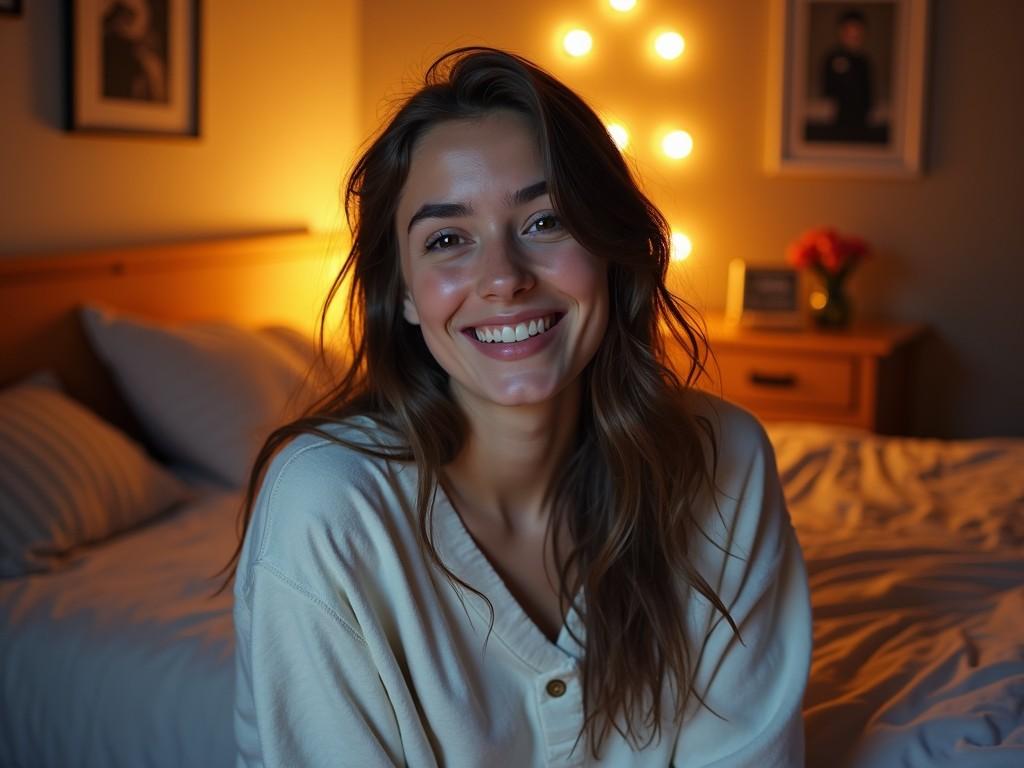 A woman sits on her bed in a pink room with soft glowing fairy lights.