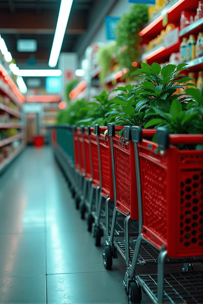 Red shopping carts lined up in a store aisle, each containing a lush green plant, with shelves of products on either side.