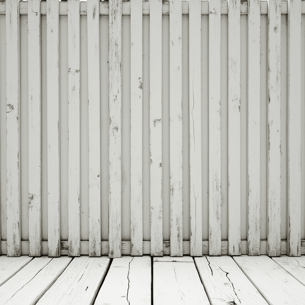 A weathered white wooden fence with cracked and aged paint.