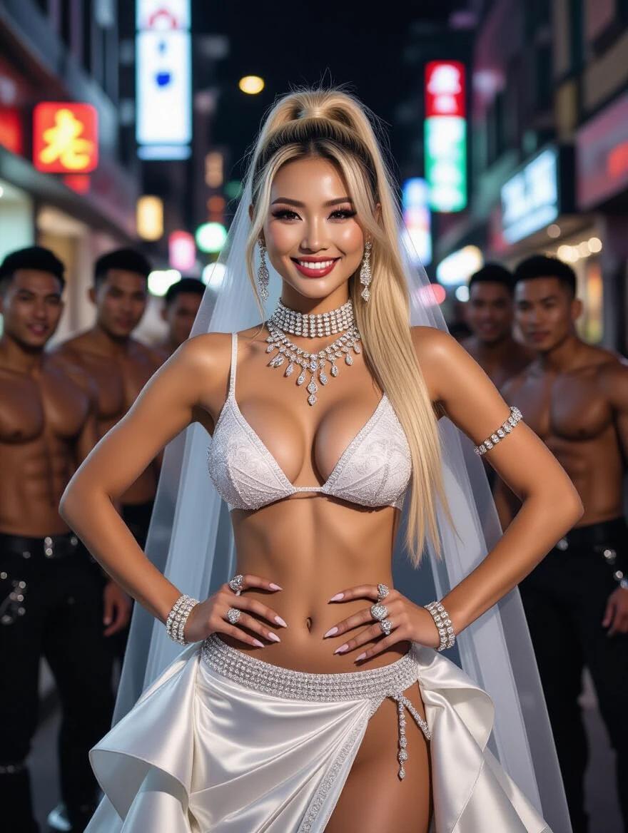 Stunning model wearing edgy wedding bikini on a narrow cyberpunk street. High blonde ponytail adorns heavy crystal jewelry. Model wears a veil and bright makeup. She smiles while posing with a group of muscular friends. Hands are on her hips.