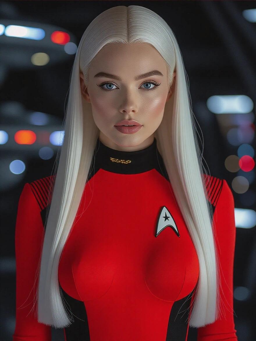 Portrait of a beautiful woman in a tight red and black bodysuit inspired by Star Trek. She has long white hair styled in a ponytail. The bodysuit features a classic Starfleet delta emblem. The setting is a sci-fi backdrop with spaceships. The woman's skin is pale and her eyes are striking light blue. She has a shy yet sensual expression, captured in a dramatic low angle with cinematic lighting.