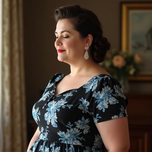 Charming 40 years old housewife with closed eyes in a vintage living room. She has a thick body and realistically styled in high definition. Features a 1950's hairstyle with thin eyebrows and long eyelashes. Shows long diamond earrings, brunette hair wearing a vintage floral dress. The portrait highlights big red lips and a slight smile, resembling classic vintage elegance.