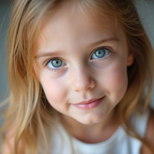 A closeup shot of a little girl with big blue eyes and blonde hair. The girl has a gentle smile, and the focus is on her expressive face.