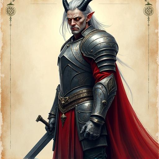 Pen sketch of tall imposing male tiefling paladin with ash-gray skin and glowing amber eyes. Long silver hair tied back in high ponytail. Sleek black curved horns arch backward. Stern haunted expression with thin scars crossing sharp cheekbones. Wears immaculate plate armor with infernal sigils, dark crimson cloak flowing behind. Noble tense stance like a duelist prepared to strike with long sword, plate pants. Cinematic scene with intense expression. Colored pen style, stylized 3D, visible pencil strokes, matte shading, non-photorealistic, soft cel shaded, soft lighting, stylized depth of field, artistic shading. Background styled like ancient parchment. Arcane x Klaus style fusion.