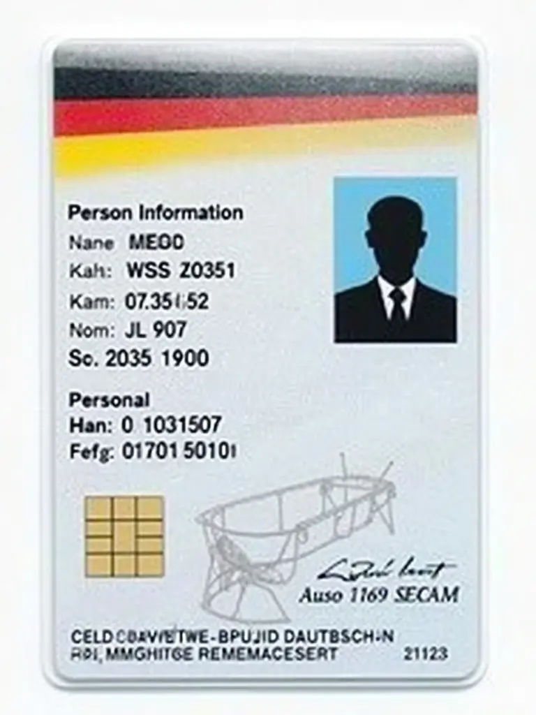 Realistic representation of an ID card of the Demokratische Republik Deutschland features blue and yellow colors reflecting the German flag. Contains fields for personal information and a unique ID number. Sleek modern layout designed to mimic official German ID cards.