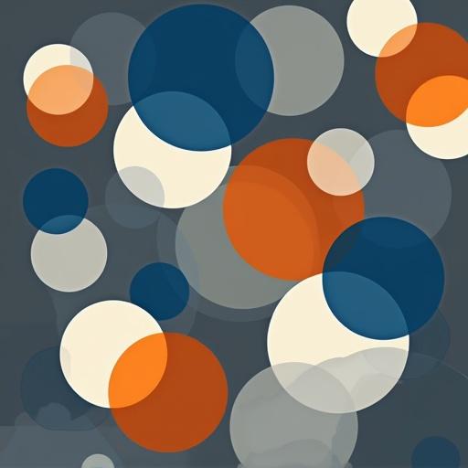 Background features interlocking pattern of circles and polygons. Colors include blue, orange, and white on a dark gray surface. Shapes are semi-transparent where they overlap, creating a layered abstract effect.