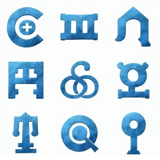 Vector pattern containing nine ancient Greek symbols arranged in an offset grid. Symbols designed in blueish colors against a transparent background.