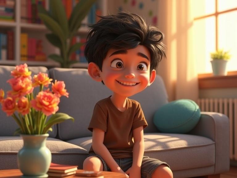A young boy with curly black hair and a bright smile sits on a gray couch. The setting features a vase of flowers on a table, colorful books in the background, and sunlight coming through the windows. The style resembles Disney and Pixar movies.