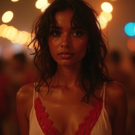 Cinematic film still of a beautiful South Asian woman at a night festival. Her skin glistens with sweat. She has messy dark hair and a pensive expression. Wearing a low-cut white camisole with red lace trim. Background features warm bokeh lights. Intimate and candid mood.