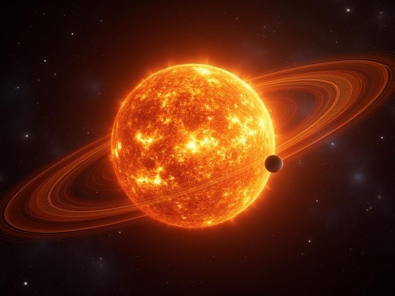 A realistic image of the solar system depicting the sun surrounded by all planets. Sun shines bright with rings like Saturn.