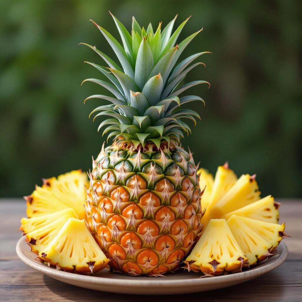A pineapple placed on a wooden plate surrounded by fresh pineapple slices on a tropical background. The pineapple has a lush green crown and a vibrant golden-yellow body with a glossy texture.