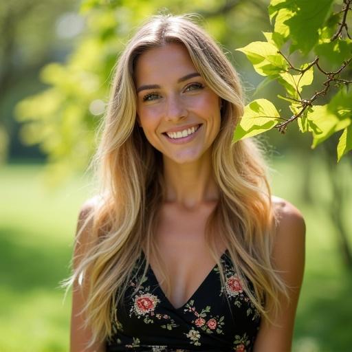 Portrait of a woman with long blonde hair styled naturally. She smiles cheerfully and wears a black dress with a floral pattern. The background features bright green leaves, creating a natural frame. Soft sunlight filters through the foliage, casting highlights on her face. The mood is cheerful and tranquil perfect for late spring or summer days outdoors.