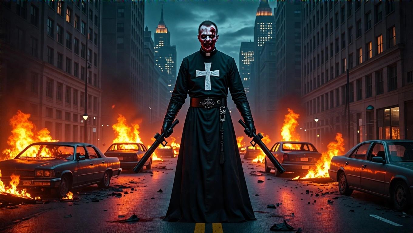 A chaotic city street at night engulfed in flames. Cars burning casting an orange glow. A dark priest-like figure with a large white cross stands at the center. His face is obscured by blood and shadow. He holds weapons. Surrounding fire and destruction. Tall buildings under a dark sky. Intense firelight and deep shadows evoke madness and violence.