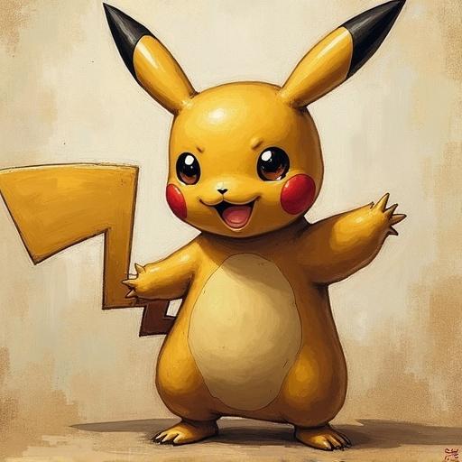 A drawing of Pikachu in the style of Leonardo Da Vinci. Pikachu stands happily with arms open. Its distinct yellow color and black-tipped ears are prominent. The art reflects classical techniques and details reminiscent of Da Vinci's style.