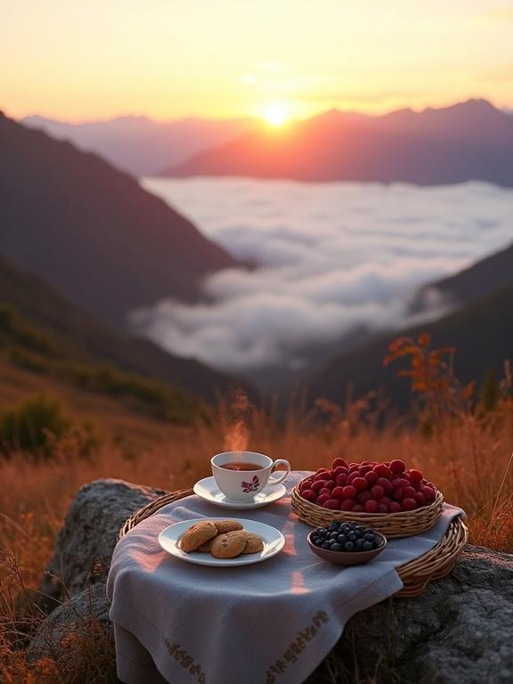 Scene captures a mountain picnic above the clouds. Sun rises over dark mountains. Picnic setup includes tea cups, cookies, garden-fresh berries. Warm hues fill the sky. Setting is a grassy slope. Rocks accentuate scenery.