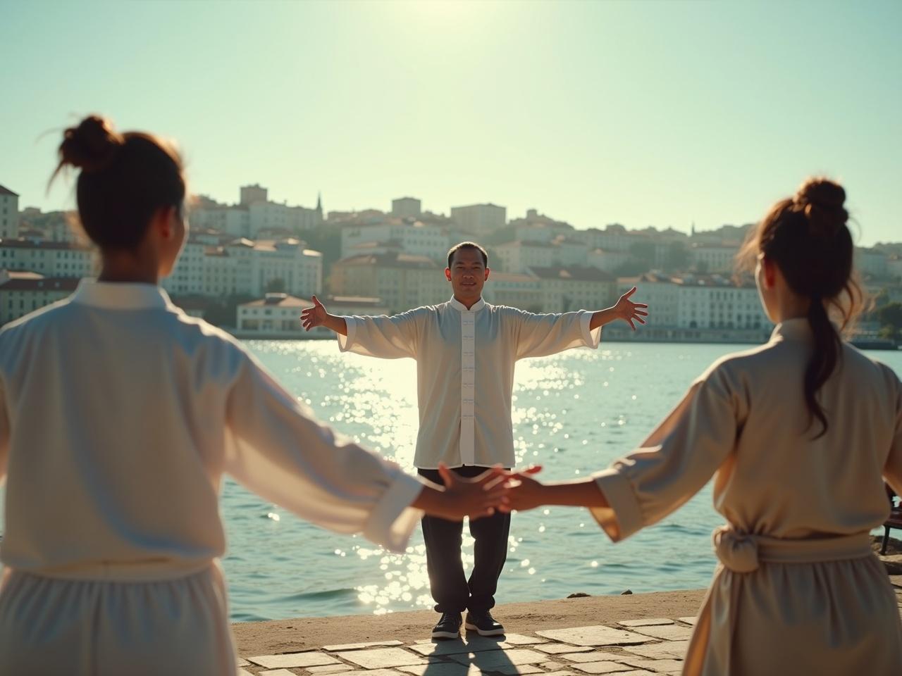 In a cinematic wide-frame shot, a Tai Chi Chuan practitioner stands gracefully by the Tagus River in Lisbon, demonstrating fluid movements to a captivated class. The scene captures the shimmering water and iconic cityscape in the background, emphasizing the serenity of the practice. Aerial viewpoint puts the audience right above the group, showcasing the communal aspect of the class. The atmosphere is lively yet tranquil, resonating with the benefits of mindfulness and physical wellness. Shot on Arriflex, the image boasts hyper-realistic details, from the ripples in the water to the practitioners' focused expressions.