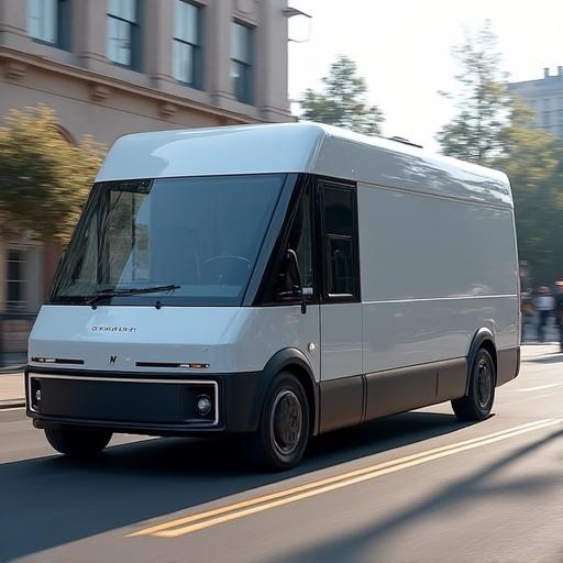 All-electric 2025 Lumen Pro Cargo van driving on urban street with soft morning sunlight. Features modern design and aerodynamic shape. The van showcases a clean, professional appearance.