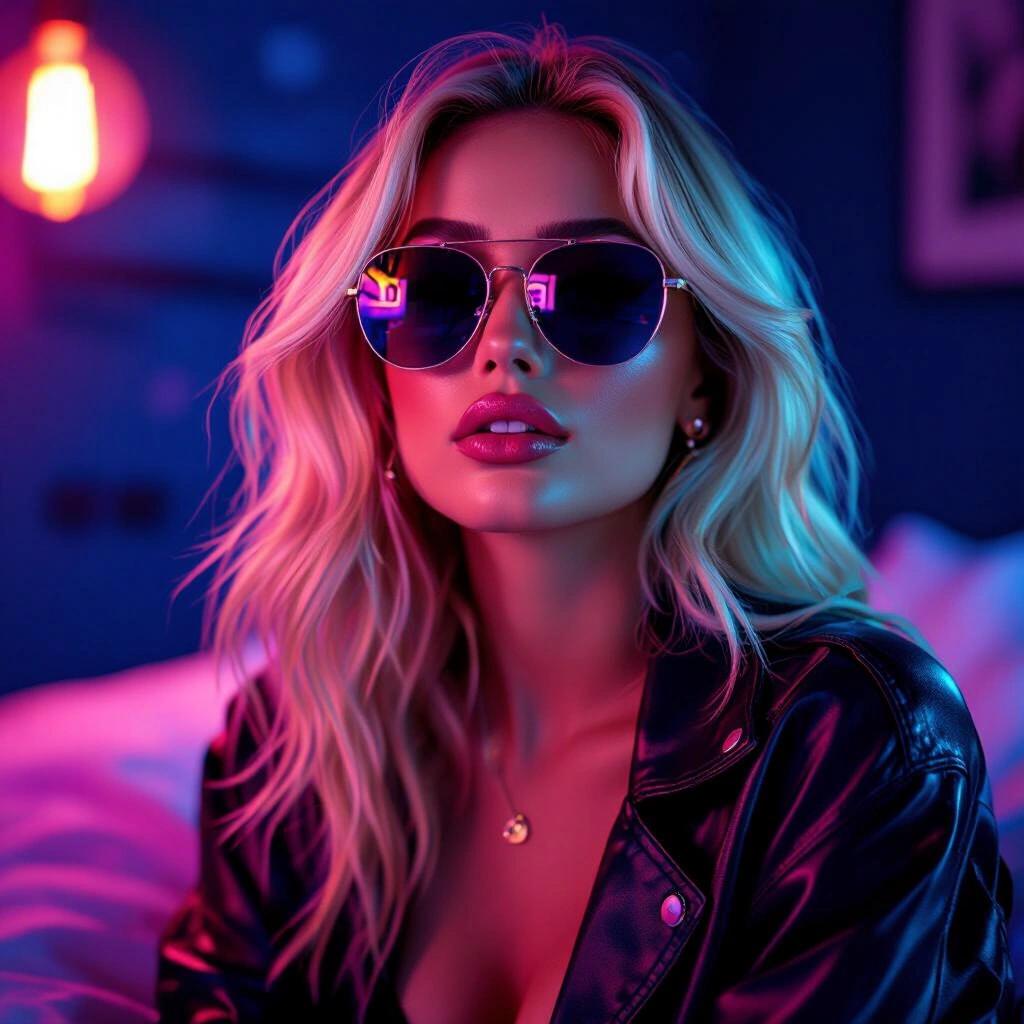 Close up of a classy blonde babe wearing sunglasses. Neon colors in a dark bedroom setting. Artistic feel for album cover art.