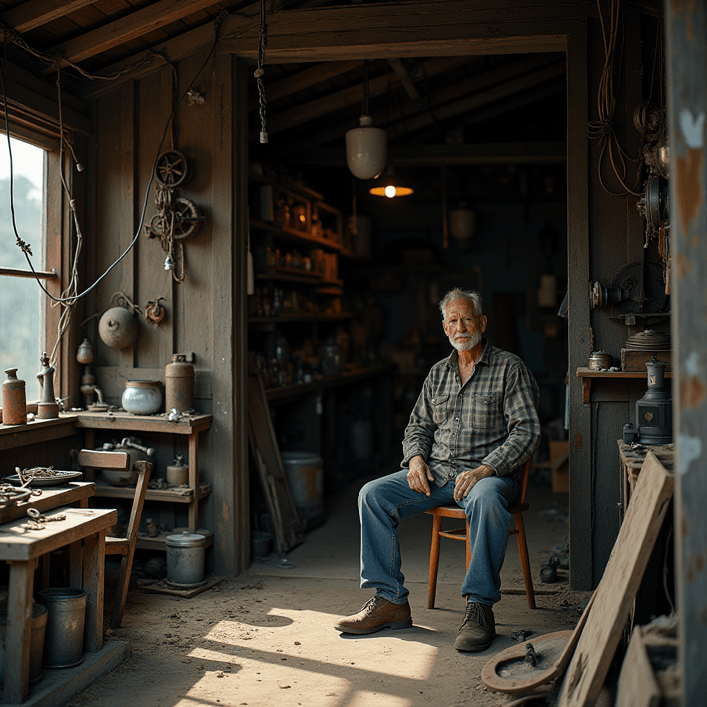 An elderly man seated in a rustic workshop filled with woodworking tools and natural light streaming in.