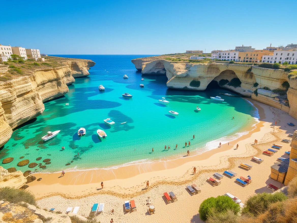 Realistic portrayal of beautiful beaches in Malta. Scenic view showcasing turquoise waters and sandy shores. Boats floating on calm sea. Vacationers enjoying the beach atmosphere.
