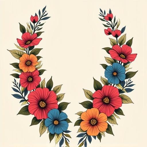 Tattoo design with two symmetrical floral lines. Each line starts at the hips and curves down toward the lower abdomen. Flowers are vivid red, orange, and blue, closely arranged yet distinct. Minimal light green foliage complements the design. Aim for a rich, decorative, impactful style suitable for a tattoo.