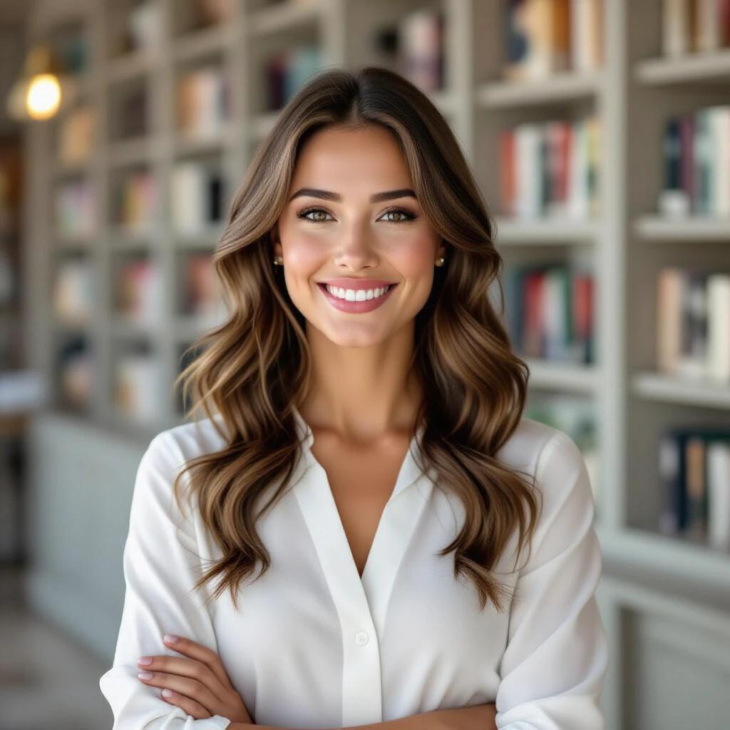 A confident woman smiling in a library setting. She has long, wavy hair and is wearing a white button-up shirt. The background features bookshelves filled with books.