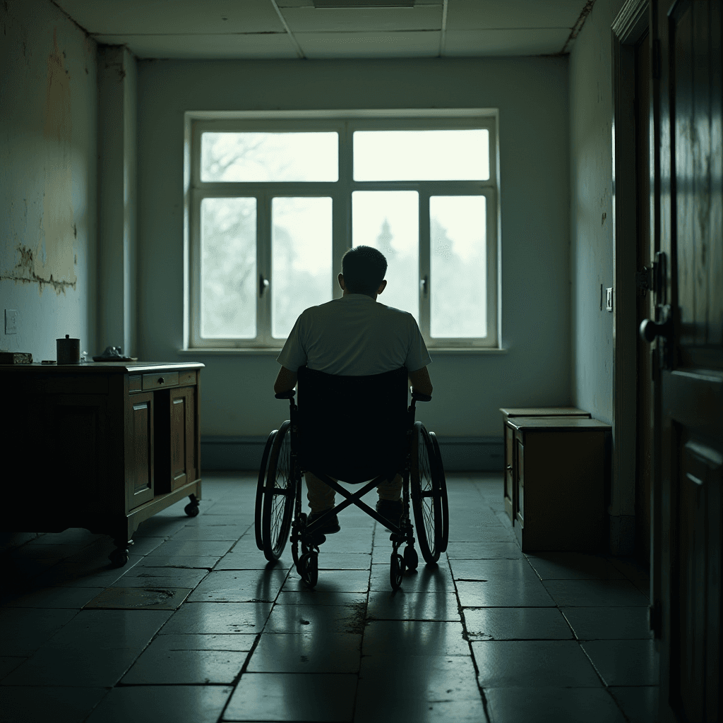 A person in a wheelchair sits alone, facing a window in a dimly lit room.