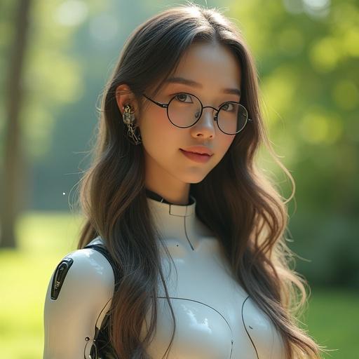 A beautiful android woman stands in a natural setting. She has a kind expression and wears stylish glasses. Her hair has a metallic sheen. Visible mechanical joints add realism. Casual clothing features realistic textures. The background is a lush, blurred greenery with soft sunlight.