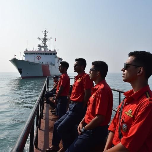 Image shows Indian Coast Guards standing on deck during duty. A large coast guard ship is positioned in the background. The atmosphere is sunny with clear waters.