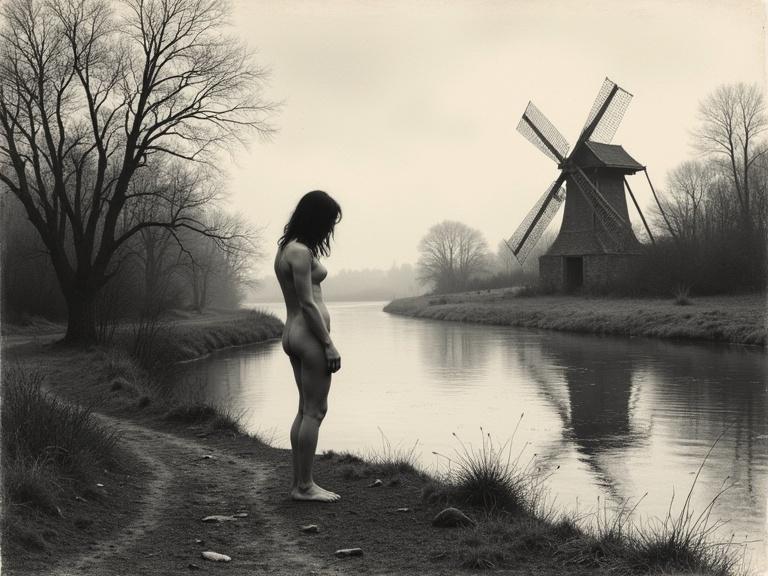 Medium shot of a naked woman standing by a winding river. Overcast sky with soft light. Etched in black and white with ink textures. Subtle autumn colors in shading. Gentle river ripples reflect the surrounding scene.
