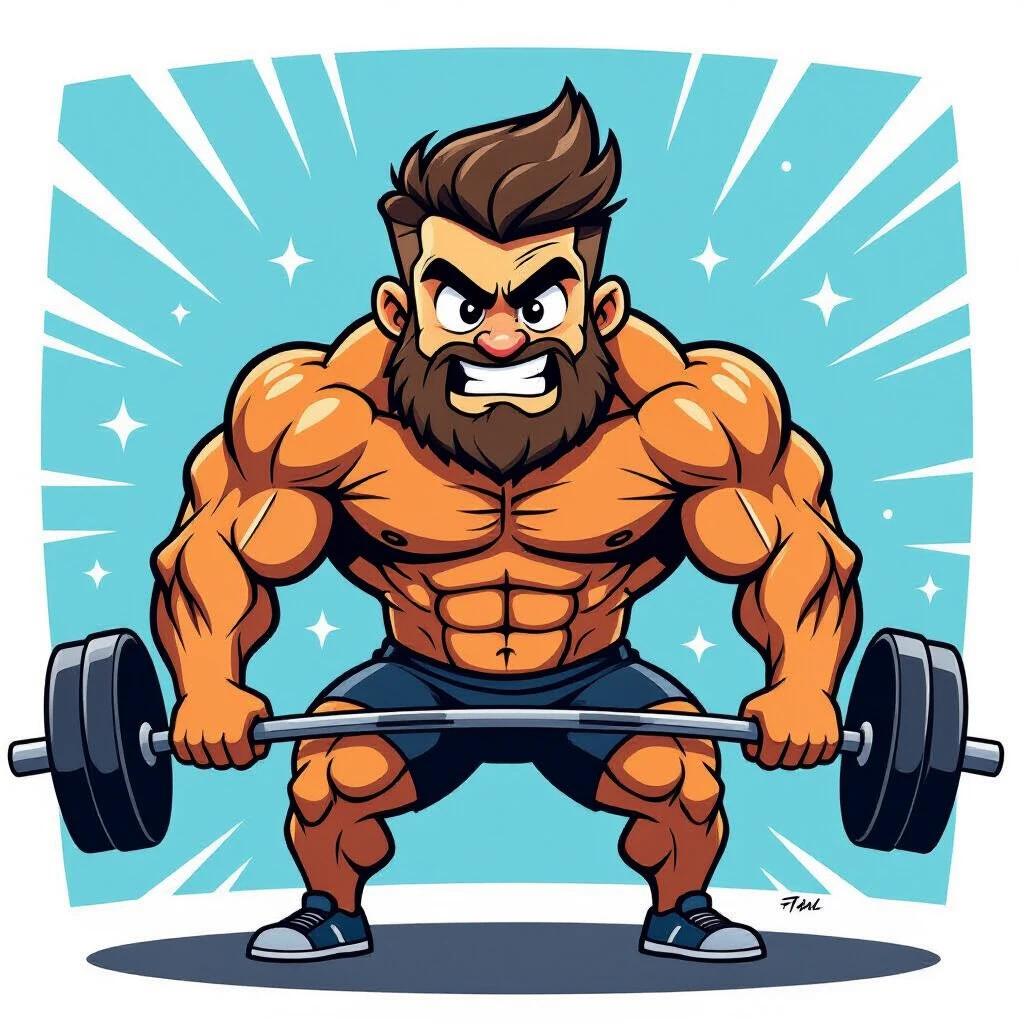 Cartoon illustration of a muscular character performing a deadlift with a barbell. Character has exaggerated muscles and orange skin tone. Wears dark blue shorts with thick black outlines. The pose is dynamic set against a white background. Emphasis on strength and determination in the character's appearance.
