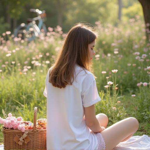 Young woman in white tshirt sits on picnic blanket in blooming garden surrounded by wildflowers. Wicker basket filled with fruits and pastries nearby. Soft sunlight shines on scene. Vintage bicycle is visible in background. Mood is dreamy and romantic. Spring vibes with pastel colors.