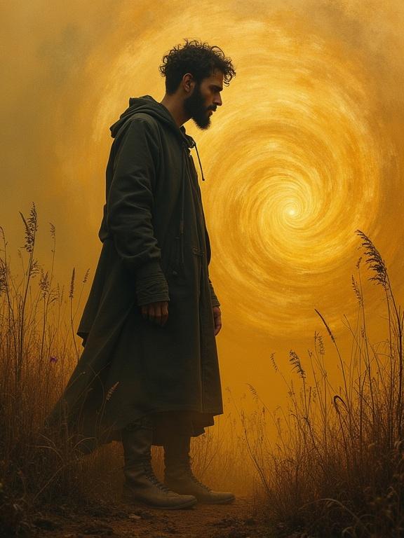 A portrait captures a figure in a swirling landscape. Subject shows disappointment and astonishment. Warm amber and gold colors. Abstract moving patterns in the background. 300 dpi high quality. Sharp details.