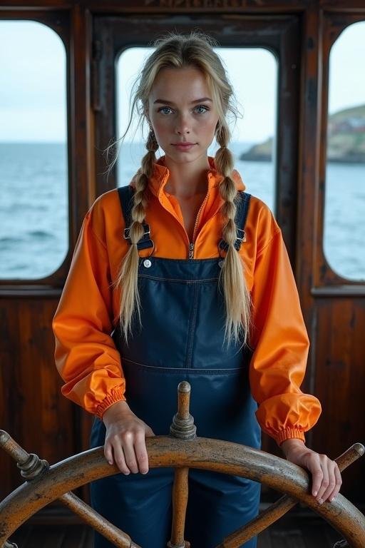 Young woman with long blonde hair styled in two pigtails. Wearing an orange raincoat and navy blue dungarees. She is at the tiller of a fishing boat. Background features a cold sea and fishing harbor on an arctic island.