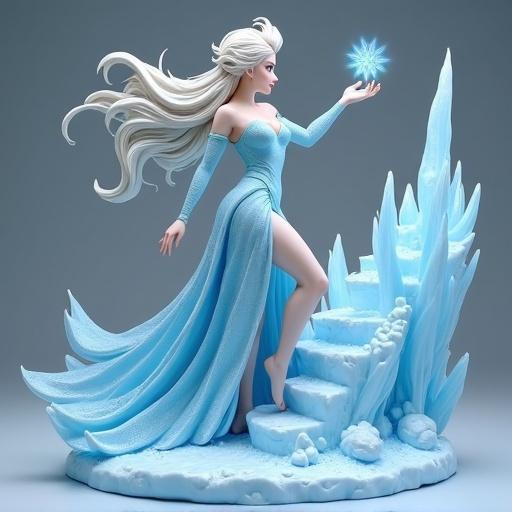 Stylized resin figure of a woman going down stairs. Detailed sculpture of a powerful woman. She wears an ice-blue dress with a high slit. Long platinum blonde hair flows. One arm raised casting icy spell creating steps. Base features ice stalactites and parts of an ice castle. Suitable for collectibles and high-end resin printing.