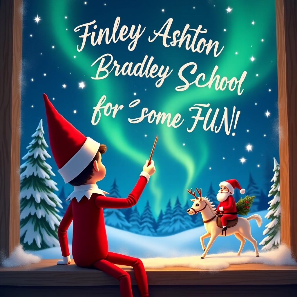 Elf on the shelf facing the sky with a wand. Magical Christmas background includes northern lights and Santa. Text in the sky includes names Finley, Ashton, Bradley, and Rohan with a message for fun after school.