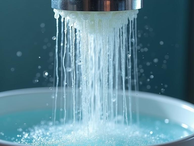 Close-up view of extruding spinnerets drawing fine white fibers into a blue bath. Water droplets visually emphasize material creation process.