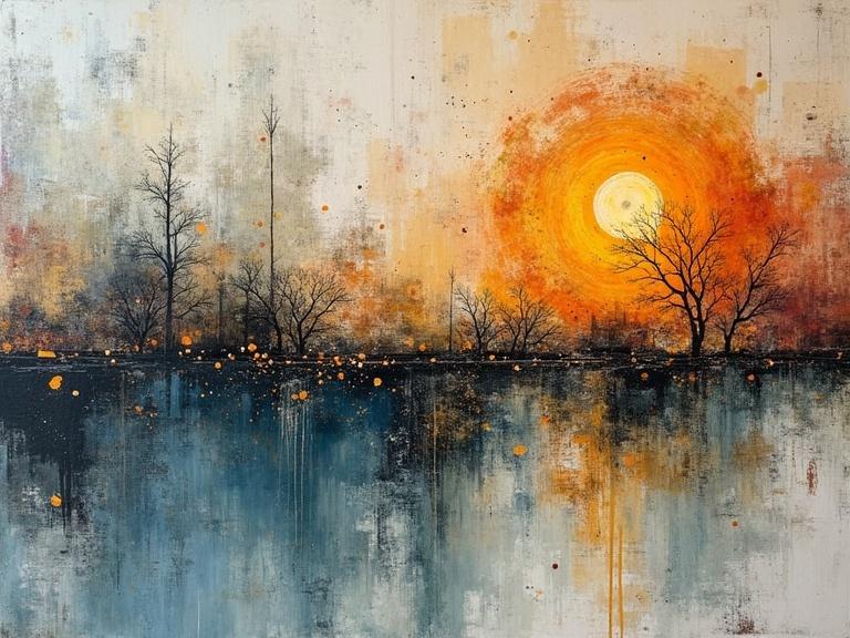 Double exposure nature scene featuring a sunset Reflection of trees and colors in water Mixed media techniques with textures and layers Collage elements like jute, paper, and glitter Evocative and luminous composition