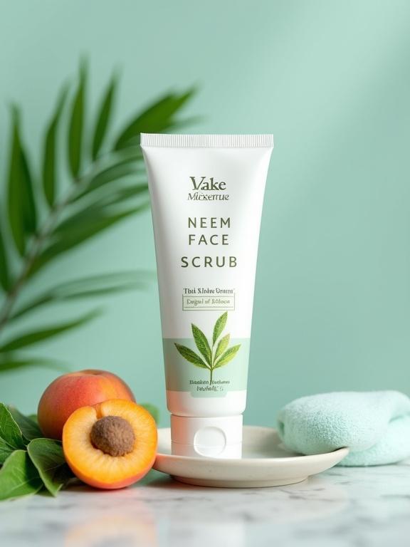 High-end product photography image of herbal skincare tube labeled 'Neem Face Scrub' standing upright on glossy ceramic plate. Design features realistic green neem leaves and sliced apricot with a pit beside the product. Background is clean and minimalistic with soft lighting, cool light-blue facial cleansing sponge, and white cotton pad, creating calm natural wellness atmosphere. Leaves of neem plant subtly blurred in background for depth. Overall tone is fresh, clinical premium skincare aesthetic.