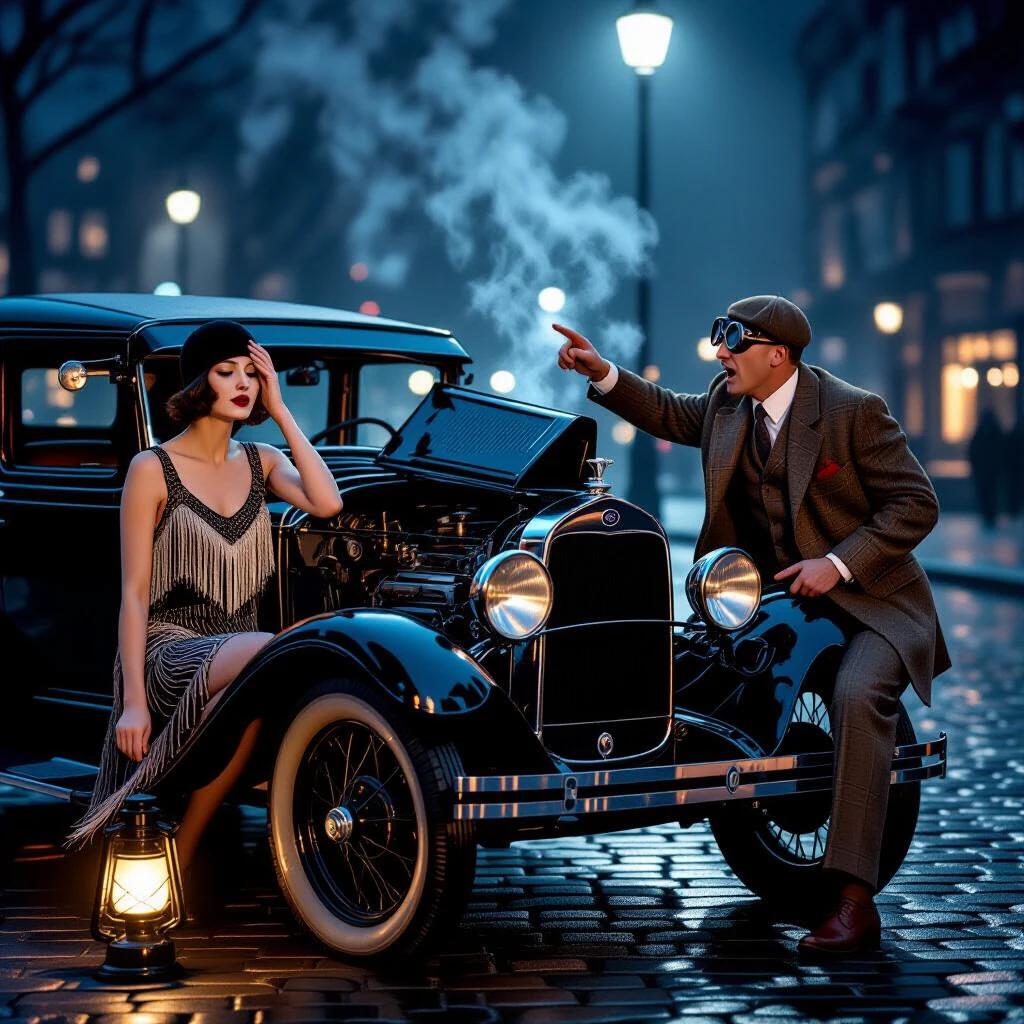 Scene depicts a vintage 1928 car breakdown at night. Flapper woman in cloche hat and fringed dress covers her eyes. Man in tweed suit gestures towards the smoking engine. Car hood open revealing mechanical details. Emergency lantern casts dramatic shadows on the wet cobblestone road. Foggy background with distant Art Deco city lights. Ultra-photorealistic and high detail on textures.