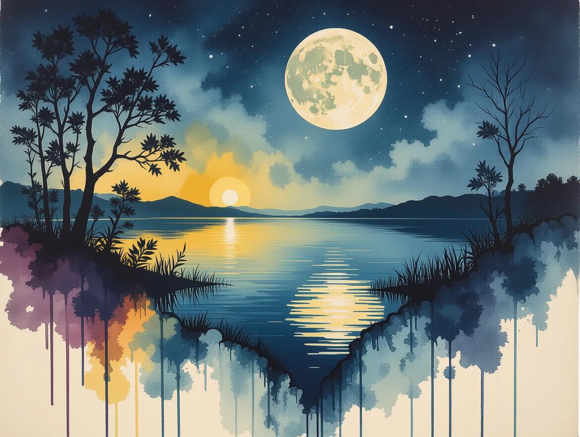 Natural scene featuring a midnight horizon with a full moon shining brightly. Reflections on the water surface create shimmering patterns. Background consists of soft mountains and trees. The scene is painted in a surreal style that combines elements of Salvador Dali and Claude Monet.