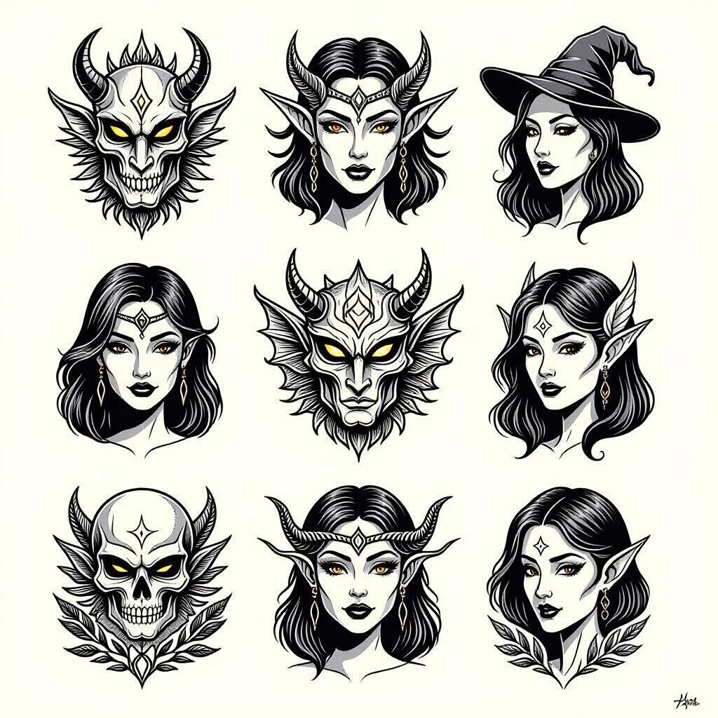 Collection of fantasy-themed tattoo designs arranged in a grid layout. Each image features a distinct character or symbol with thick black outlines. The designs include motifs like skulls horns and wizard hats. Focus on minimalist illustration style and caricature aesthetics.