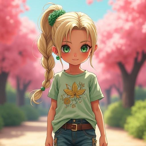 Anime inspired little girl in a lush cherry blossom forest. She has light blonde hair in a ponytail and wears a stylish Louis Vuitton t-shirt and jeans. Emerald green eyes shine with joy. Background features vibrant cherry blossoms and a glimpse of modern architecture.