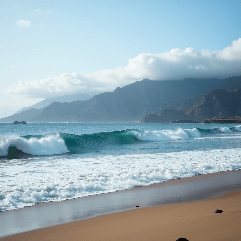 Waves gracefully roll towards a sandy beach, set against a backdrop of towering cliffs under a sky filled with soft clouds.