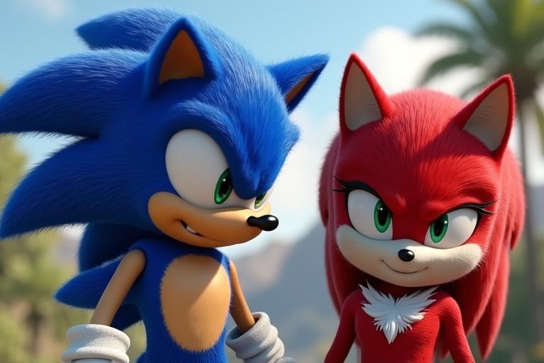 Image features two popular characters from Sonic the Hedgehog franchise. Sonic is blue and fast. Knuckles is red and strong. They are in a bright outdoor setting with palms in the background.