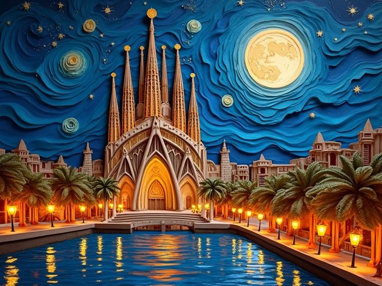 3D detailed origami paper folds papercraft. Barcelona skyline at night. Layered art style. Thick textured paint. Sagrada Familia in view. City lights illuminate the scene. Full moon casting a glow. Dramatic metallic color palette. Layered perspective from public square. Reflections in water. Starry sky effect. Digital artwork with photorealistic detail.
